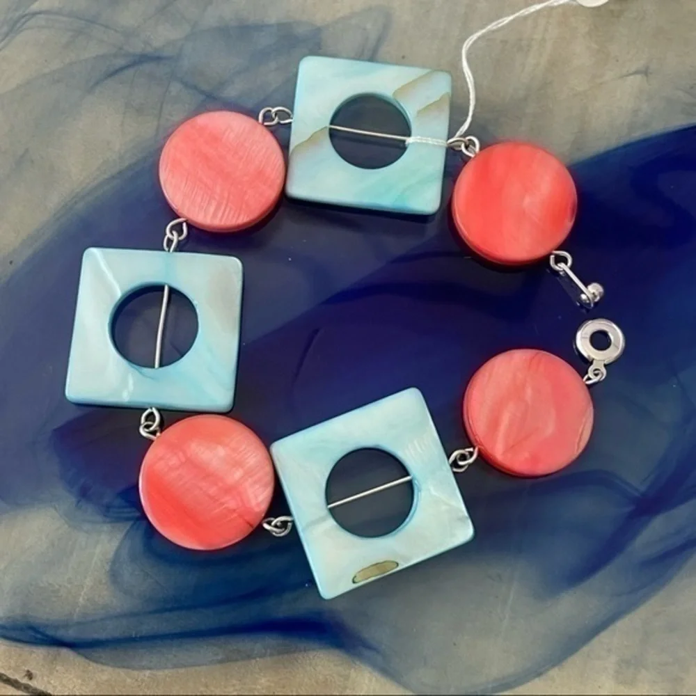 2/$49 Handmade Geometric Shell Bracelet Blush Pink Sky Blue 8.25” Chunky Beach